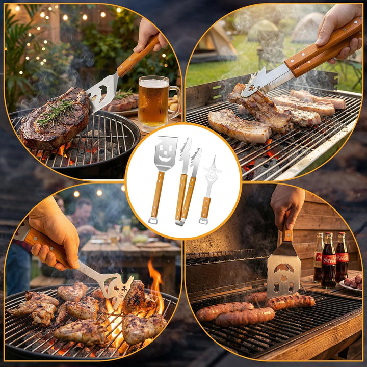 Grillbesteck Set Edelstahl 3-TLG, Grillzange mit Holzgriff Personalisierte, Fleischgabel und Grillwe