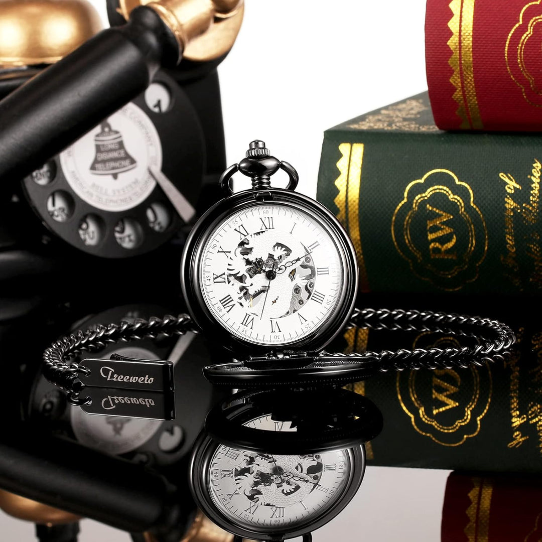 TREEWETO Unisex Taschenuhr mit Kette Analog Handaufzug Mechanisch Antik Drache Skelett Für Herren Da