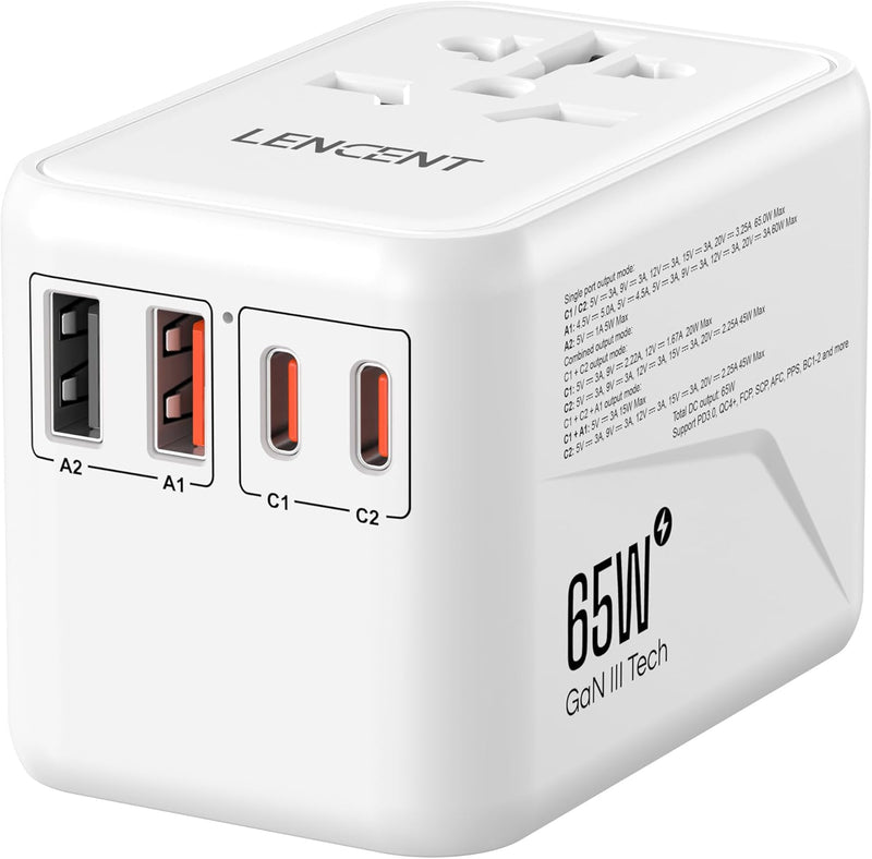 LENCENT Universeller Reiseadapter, GaN3 65W Internationales Adapter mit 2 QC4,0 USB-A+2 PD3,0 Typ-C