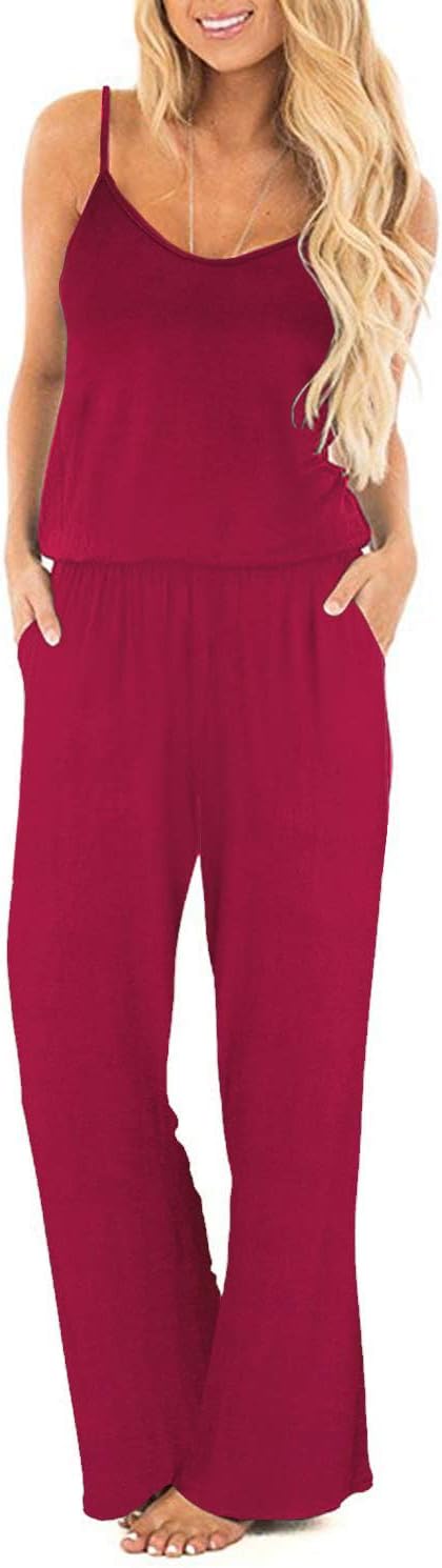 OUGES Damen Sommer Ärmellos Jumpsuit Overall Lang Hosenanzug Casual Playsuit Romper mit Taschen M We