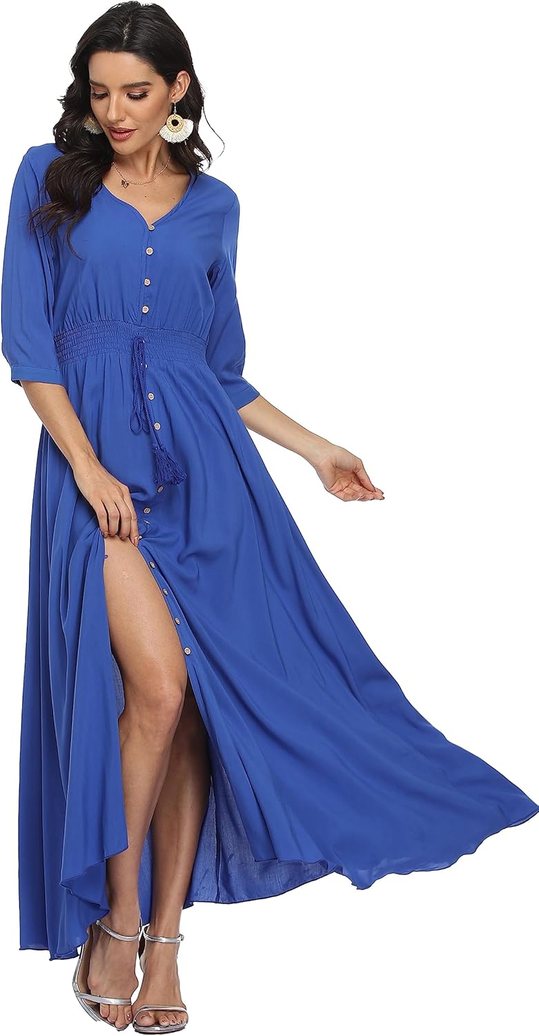 VOGMATE Damen Lange Split Knopf Up Sommer Maxikleid Floral Strandwear Holidy Kleid Hohe Taille mit k
