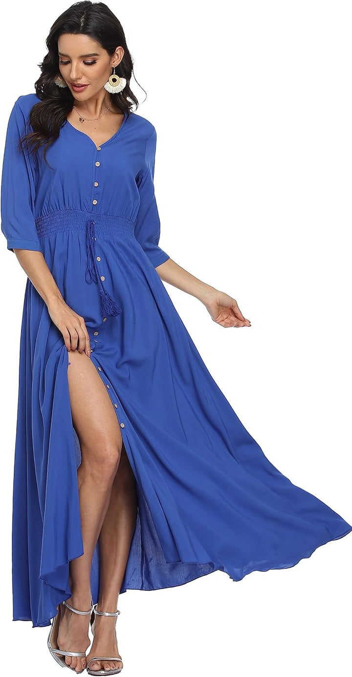 VOGMATE Damen Lange Split Knopf Up Sommer Maxikleid Floral Strandwear Holidy Kleid Hohe Taille mit k