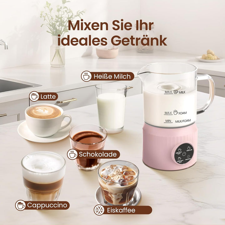 Milchaufschäumer Elektrisch 4 in 1, Automatischer Milchwärmer Milchschäumer für heiss und kalt, Glas