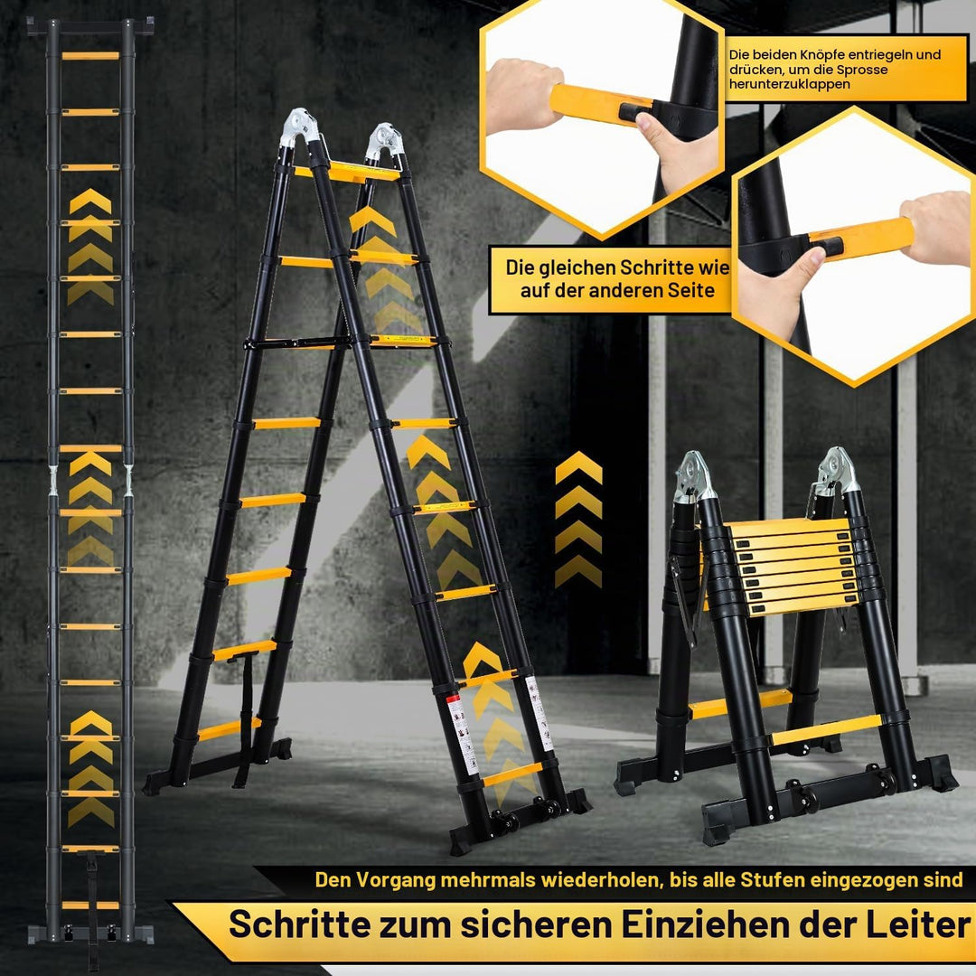 Randaco 5M (2.5+2.5) Teleskopleiter Klappleiter Aluminium, Ausziehbare Leiter, Rutschfester Aluleite