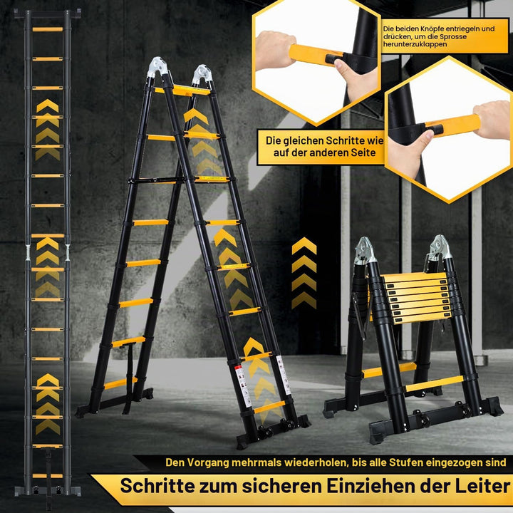 Teleskopleiter Klappleiter Aluminium, Cecaylie 3.8M(1.9+1.9M) Ausziehbare Leiter, Rutschfester Alule
