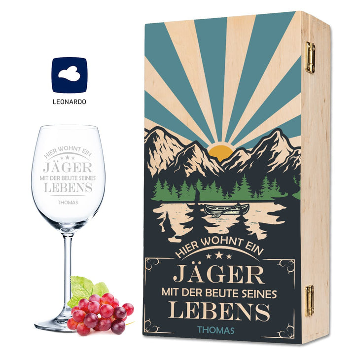 GRAVURZEILE Leonardo Weinglas - Hier wohnt ein Jäger mit der Beute seines Lebens Design - Personalis