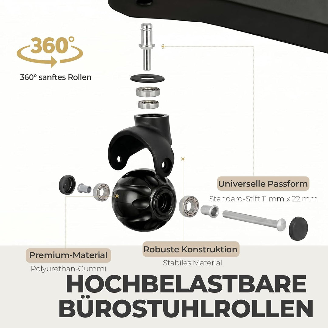 Sytopia Bürostuhl Rollen 5er Set in Schwarz, Rollen für Bürostühle 11 x 22 mm für Teppichböden, Hart