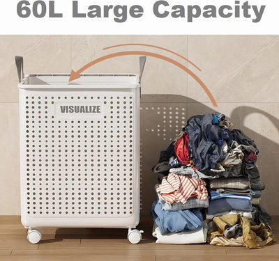 Siyecioa Wäschekorb Plastik Faltbare, Wäschesammler, 60L Laundry Baskets mit Rollen, Wäschebox für W
