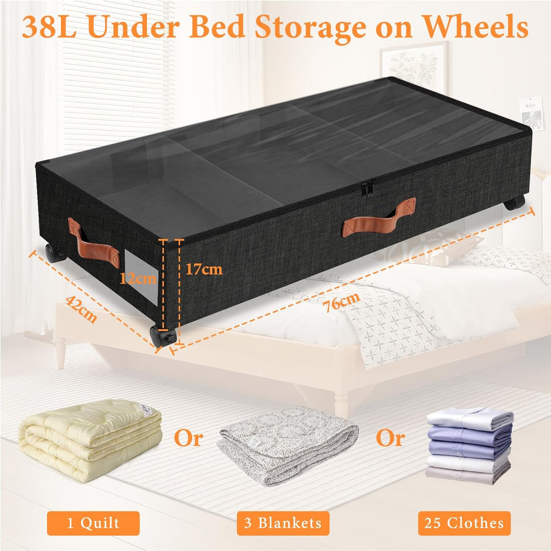 Unterbett Aufbewahrungsbox mit Rollen, 2 Stück 38L Gross Unterbett Aufbewahrung mit Deckel Metallrah