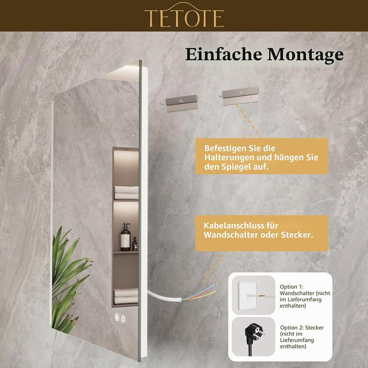 TETOTE Badspiegel mit Beleuchtung 70x90cm, Rechteckiger LED Badezimmerspiegel ohne Rahmen, Wandspieg