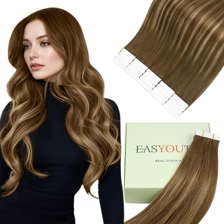 Easyouth Haar Extensions Tape Echthaar Skin Weft Band in Extensions Farbe Mittelbraun Mix Honigblond