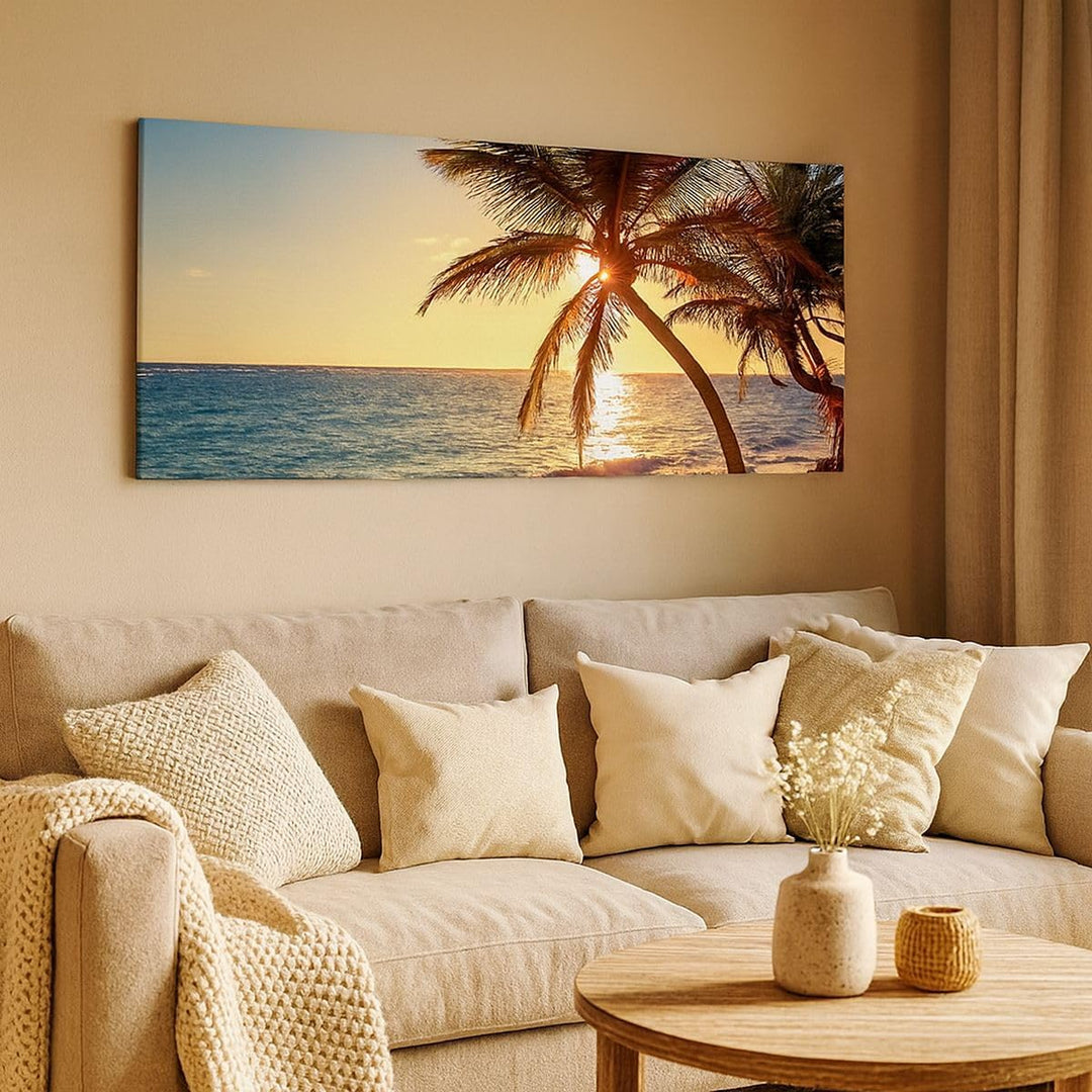 ARTTOR Bilder auf Leinwand 100x40cm Leinwandbild Wolke exotischer Palm- Landschaft Gross Wanddeko Bi