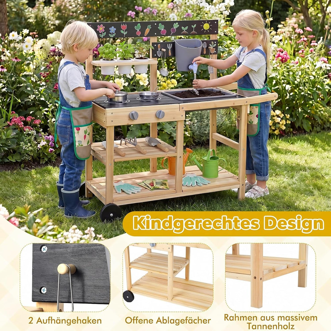 COSTWAY Matschküche Kinder Outdoor, Spielküche mit Wassertank & Wasserhahn | Kinderküche mit Rädern,