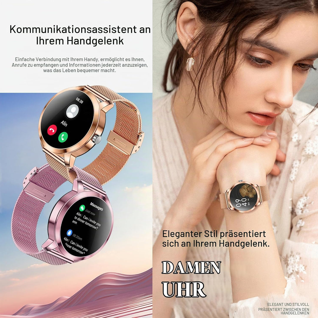 Smartwatch Damen mit Telefonfunktion, 1,09” Fitnessuhr mit 123 Sportmodi, Pulsmesser, Schlafmonitor,