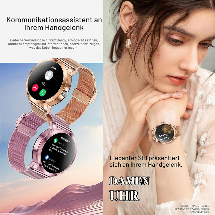 Smartwatch Damen mit Telefonfunktion, 1,09” Fitnessuhr mit 123 Sportmodi, Pulsmesser, Schlafmonitor,