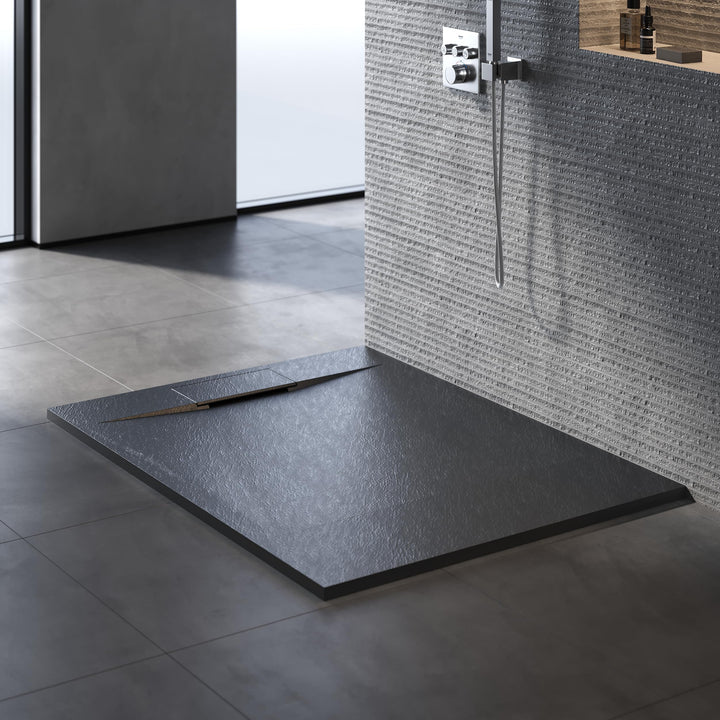 SONNI Duschwanne 140x90 cm, 32 mm Extra Flach, Schwarz, SMC, Ohne Siphon | Duschtasse, Schieferoptik