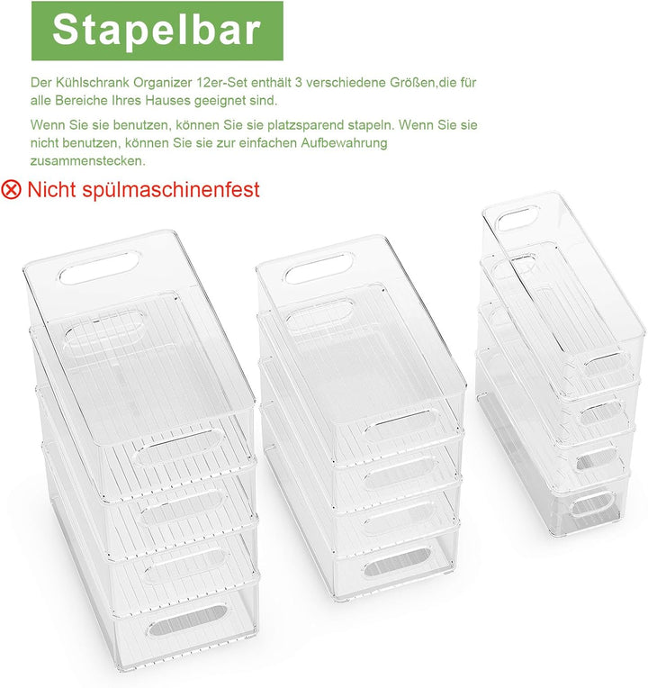 FINEW Kühlschrank Organizer 12er Set (4 Klein, 4 Mittel, 4 Gross), Stapelbar Kühlschrank Behälter, D
