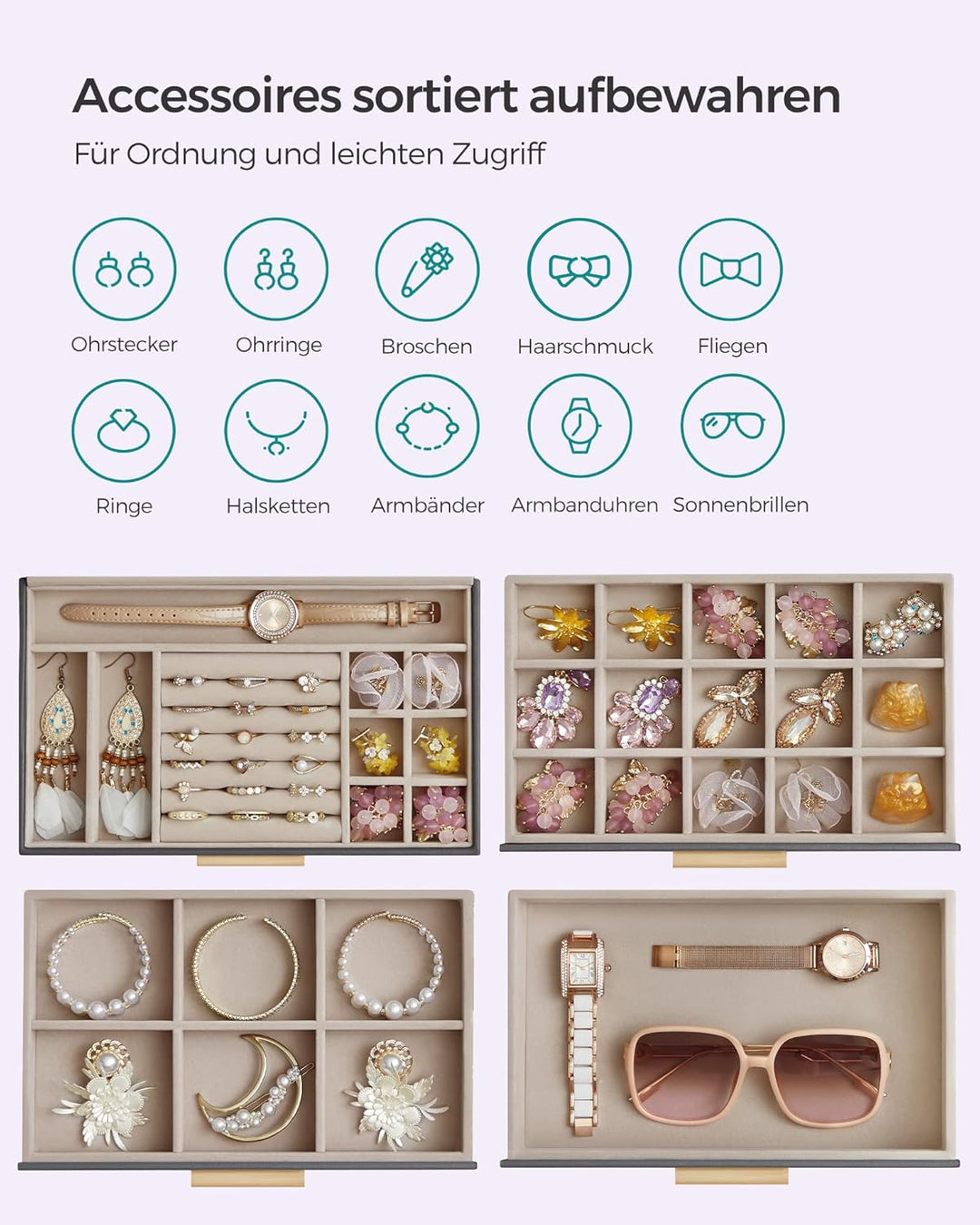 SONGMICS Schmuckkästchen, Schmuckkasten mit 4 Ebenen, Schmuckbox mit Glasdeckel, 3 Schubladen, für S