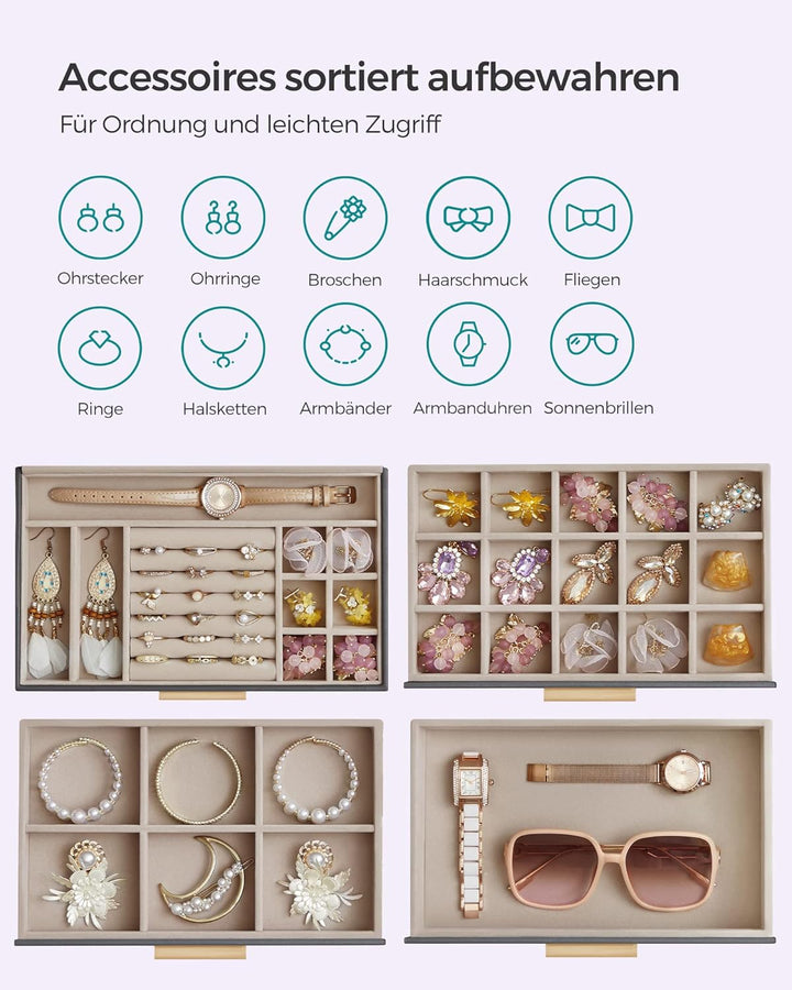 SONGMICS Schmuckkästchen, Schmuckkasten mit 4 Ebenen, Schmuckbox mit Glasdeckel, 3 Schubladen, für S