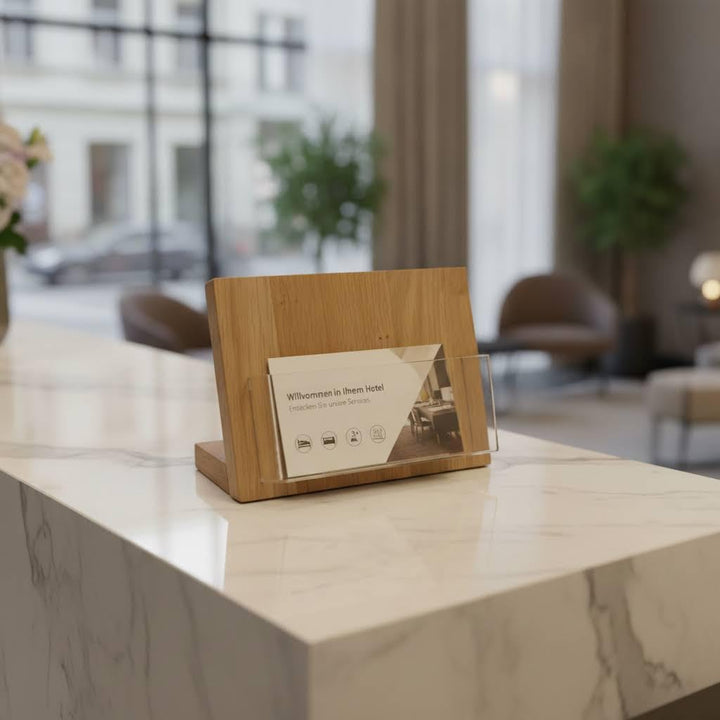 LINLAY Intarsien & Gravuren DinLang Flyerhalter QUER Holz Prospektständer Flyerständer Tischmodell,