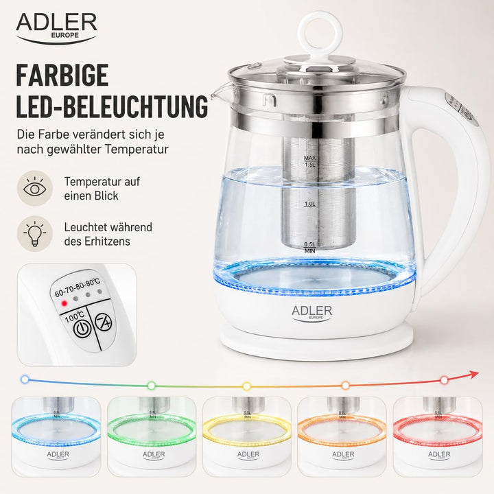 ADLER AD 1299 Elektrischer Wasserkocher aus Glas 1,5 Litern, Beleuchteter Innenraum, Teesieb, Temper
