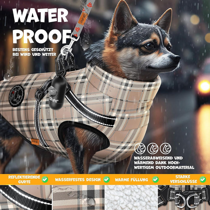 Hundejacke Hundemantel mit Geschirr, inkl. 45 Stück Kotbeutel + Spender, Hunde Winterweste gefüttert