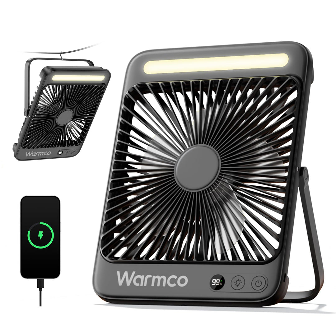 Warmco 20000mAh Tragbarer Camping Ventilator 27cm mit LED-Licht, Ultra-Leise, Dünn, Digitalanzeige,