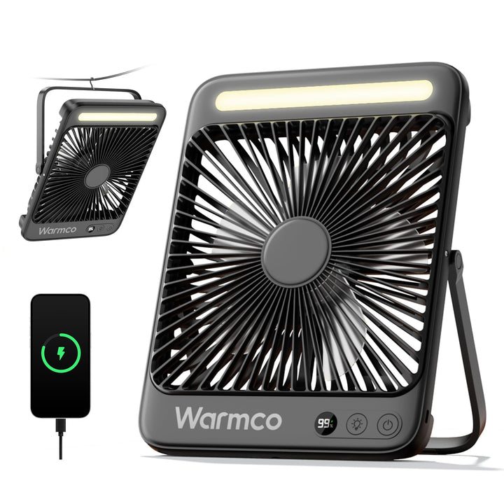 Warmco 20000mAh Tragbarer Camping Ventilator 27cm mit LED-Licht, Ultra-Leise, Dünn, Digitalanzeige,