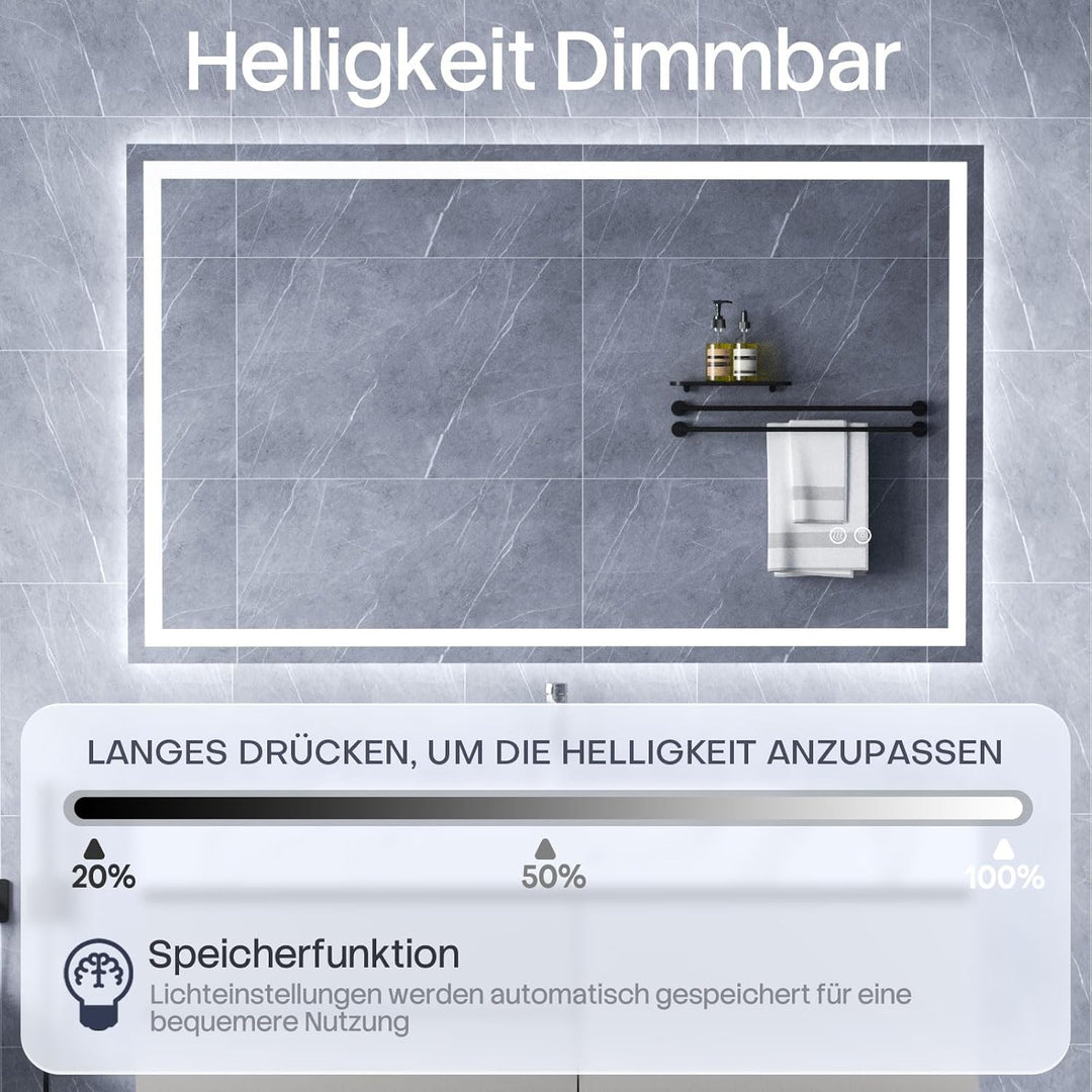 HySail Badspiegel mit Beleuchtung, 5mm Hochauflösender Silber-Spiegel, 3 Farbtemperaturen & Dimmbare