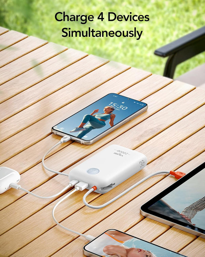 VIYISI Powerbank 20000mAh, 30W PD Schnellladegerät mit integrierten USB-C &amp; Lighting Kabeln, mit LED