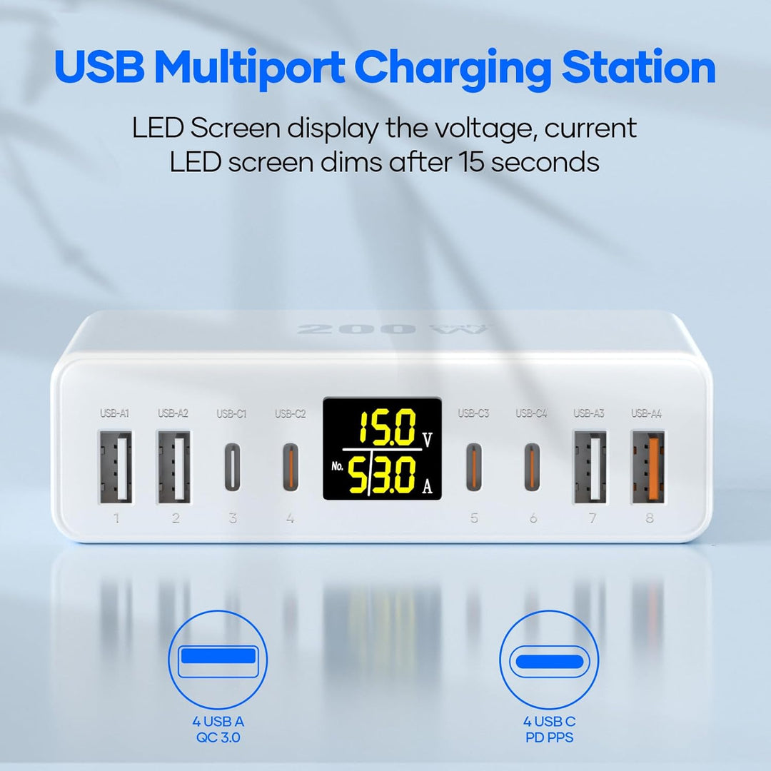 USB C Ladegerät Mehrfach 8-Port mit LED Anzeige, YSYFAD 200W GAN USB Ladestation PPS PD Type C Netzt