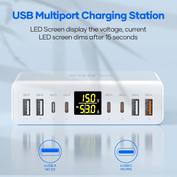 USB C Ladegerät Mehrfach 8-Port mit LED Anzeige, YSYFAD 200W GAN USB Ladestation PPS PD Type C Netzt