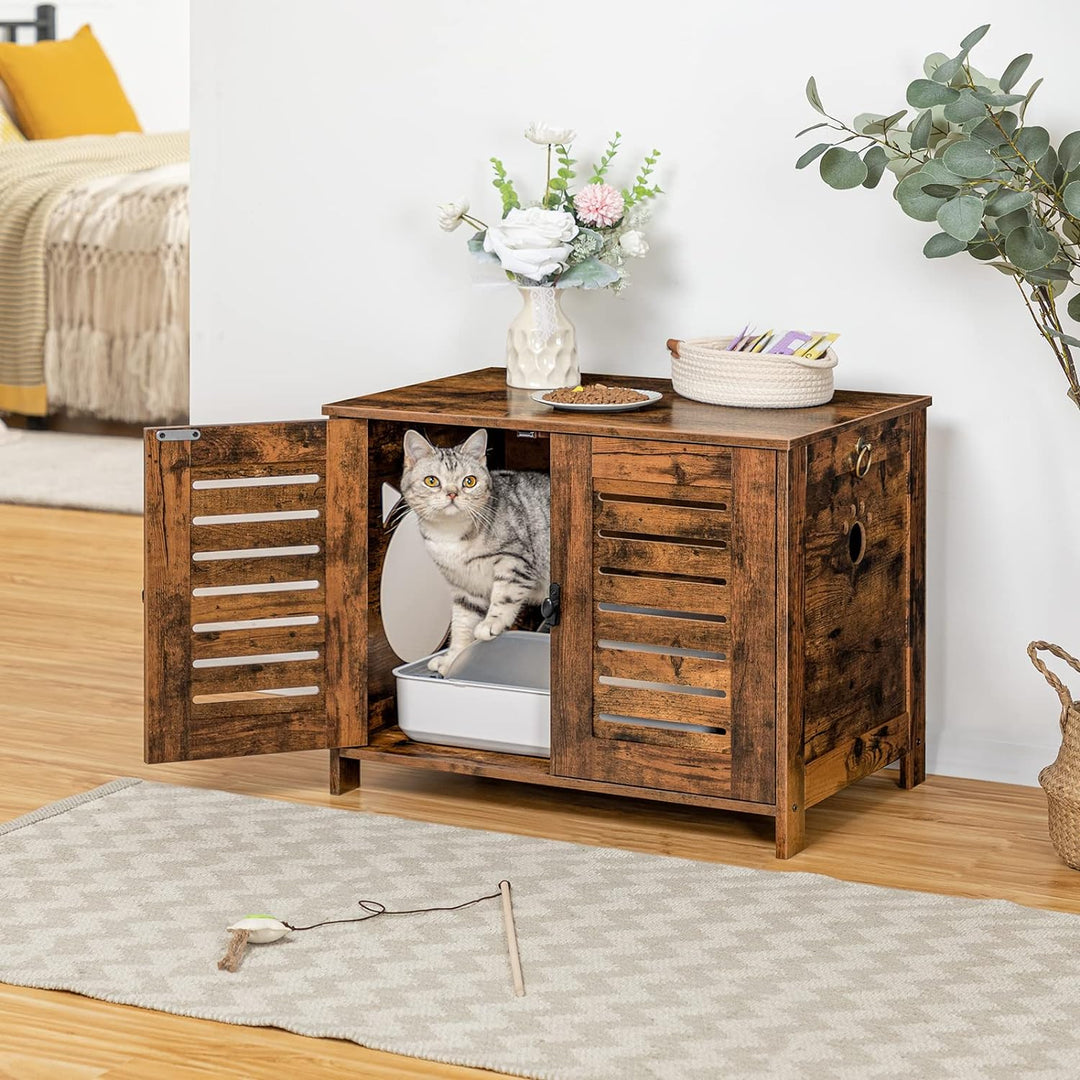 HOOBRO Katzenklo Schrank, Katzenklo aus Holz im Jalousien-Stil drinnen, Haustierbox mit 4 Eisenfüsse