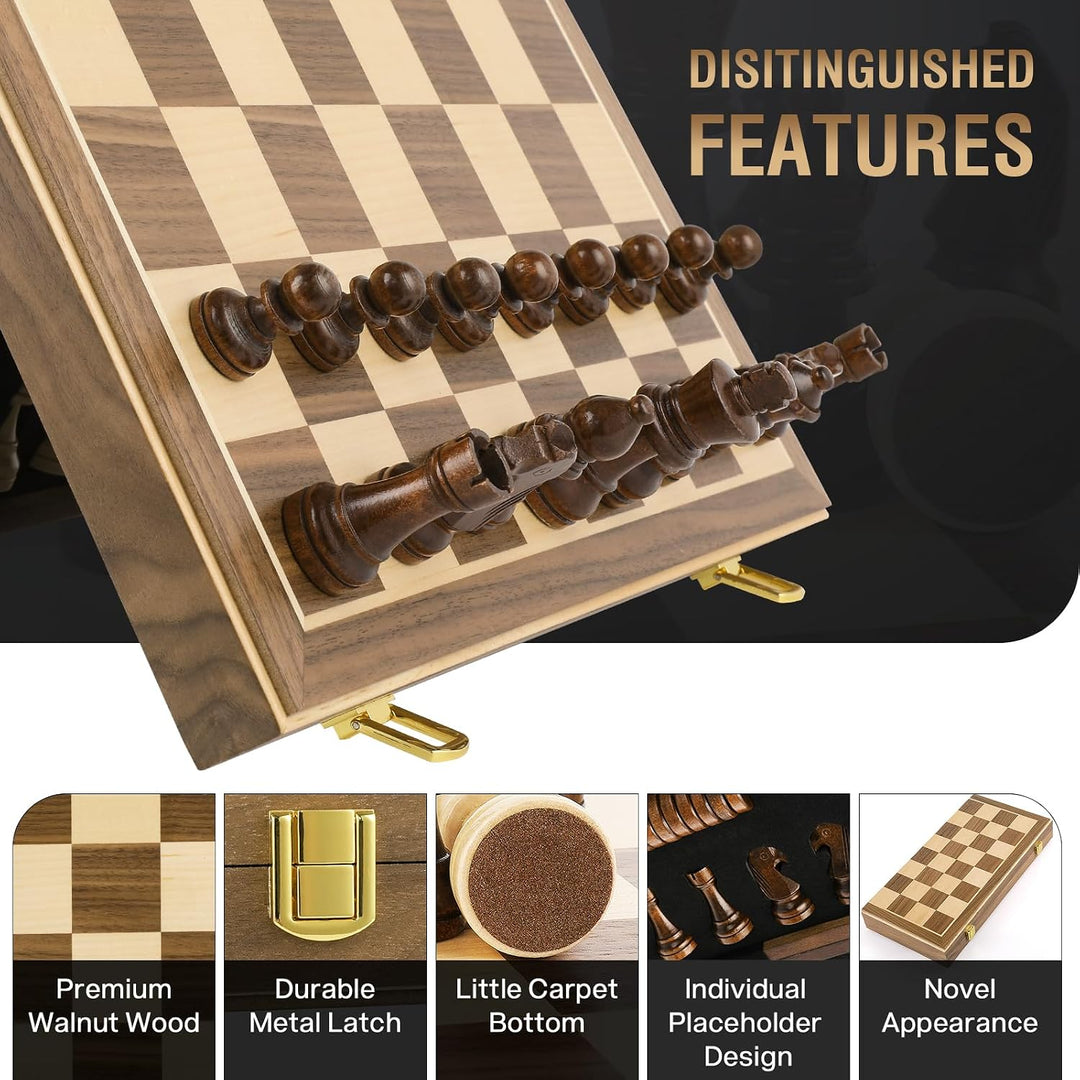 Peradix 2 in 1 Schach und Dame Spiel aus Walnussholz Holz - 39x39CM Klappbar Schachbrett Magnetisch