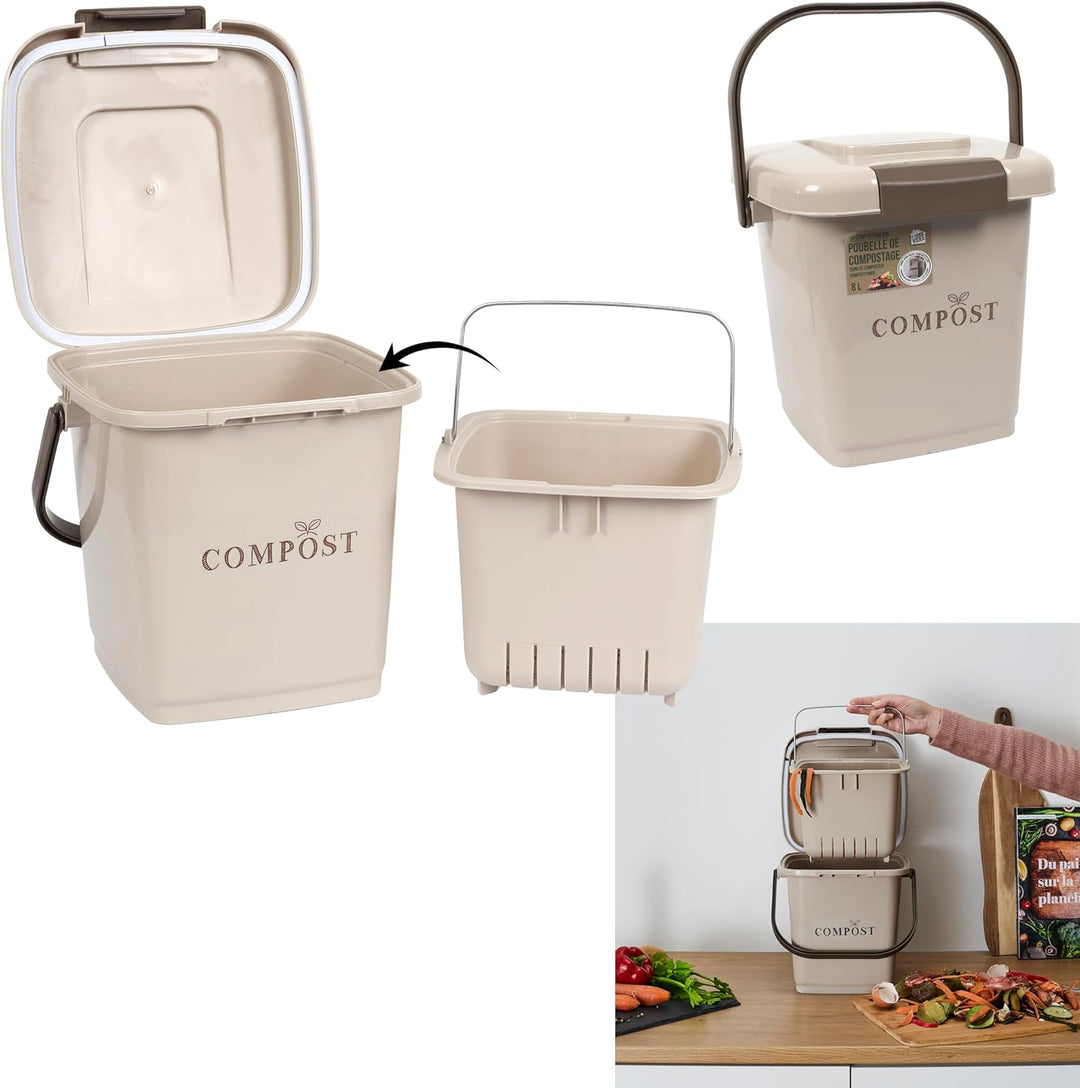 JE CHERCHE UNE IDEE, ME0021, Kompostbehälter mit perforiertem Eimer und Deckel, 8-Liter-Kompostbehäl