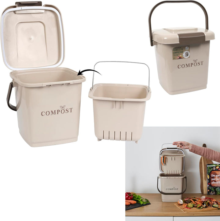 JE CHERCHE UNE IDEE, ME0021, Kompostbehälter mit perforiertem Eimer und Deckel, 8-Liter-Kompostbehäl