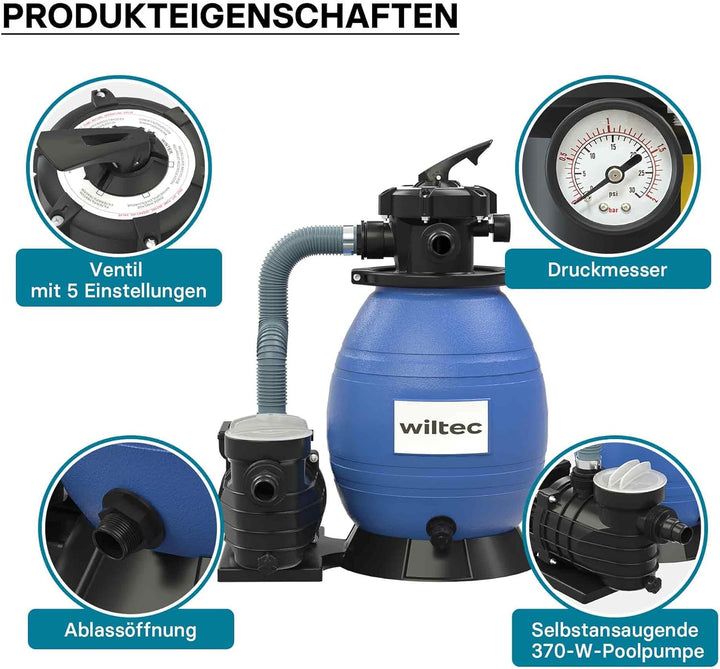 Wiltec Sandfilteranlage 370 W mit 26l Filtertank und selbstansaugender Pumpe 13200 l/h, Sandfilterpu
