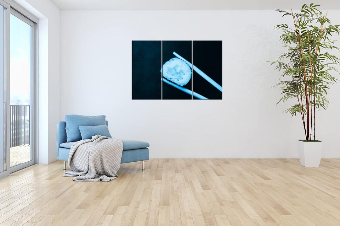 deyoli Sushi auf Essstäbchen Format 120x80 3Teilig Effekt: Monocrome Blau als Leinwandbild, Motiv fe