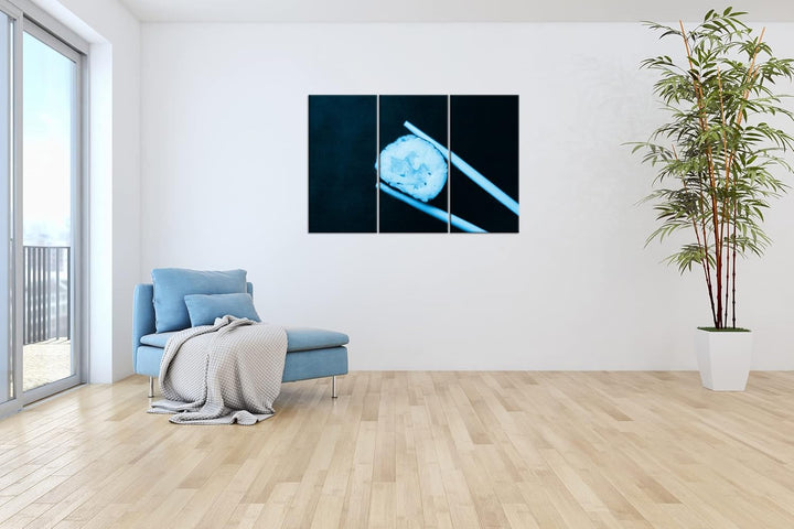 deyoli Sushi auf Essstäbchen Format 120x80 3Teilig Effekt: Monocrome Blau als Leinwandbild, Motiv fe