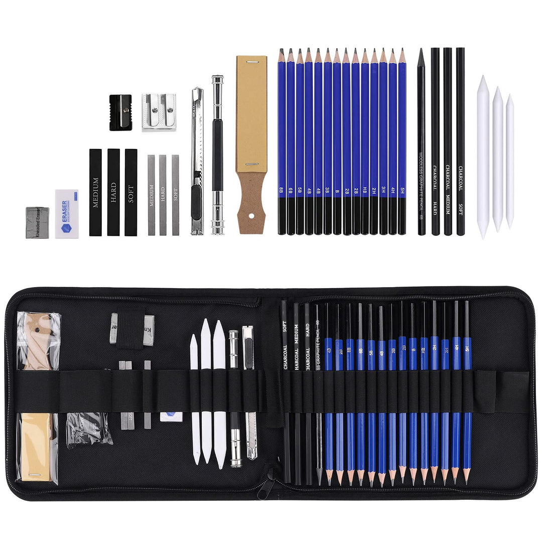 Skizzen Zeichen Bleistift Set 35 Stück Professionelles Zeichenzubehör mit Reissverschluss Tragetasch