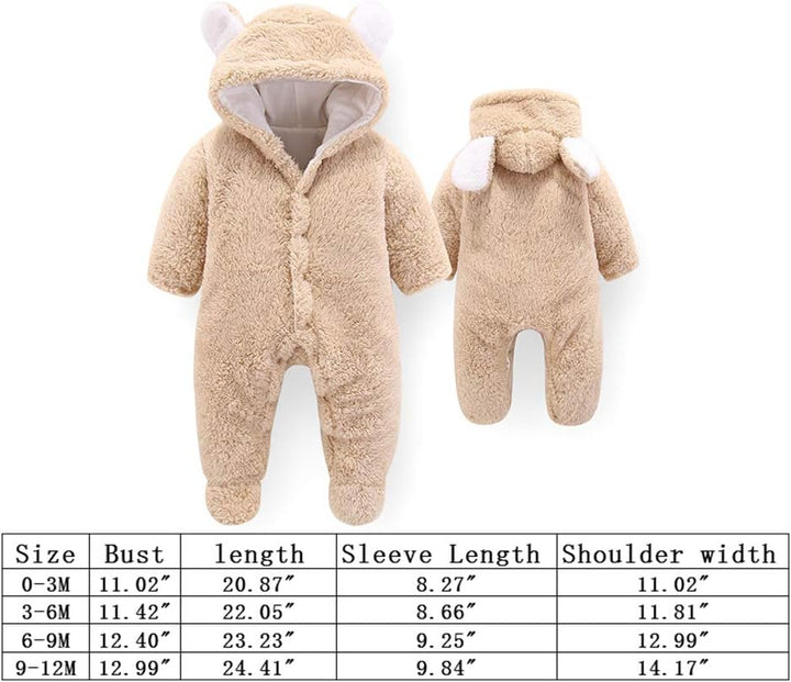 Neugeborene Baby Cartoon Bär Schneeanzug Wintermantel Fleece Kapuze Strampler Jumpsuit Khaki 6-9 Mon