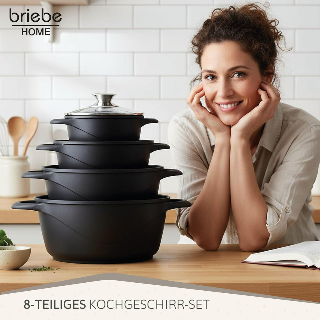 briebe Topfset Induktion 8-Teilig, Kochtopf Set 4 Töpfen aus Aluminiumguss, Antihaftbeschichtung ILA