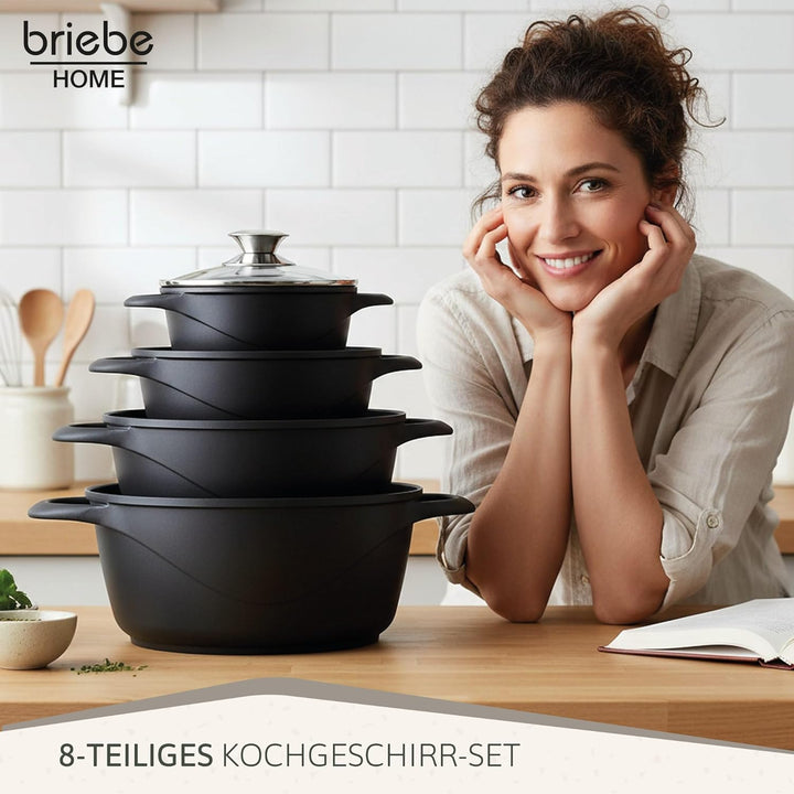 briebe Topfset Induktion 8-Teilig, Kochtopf Set 4 Töpfen aus Aluminiumguss, Antihaftbeschichtung ILA
