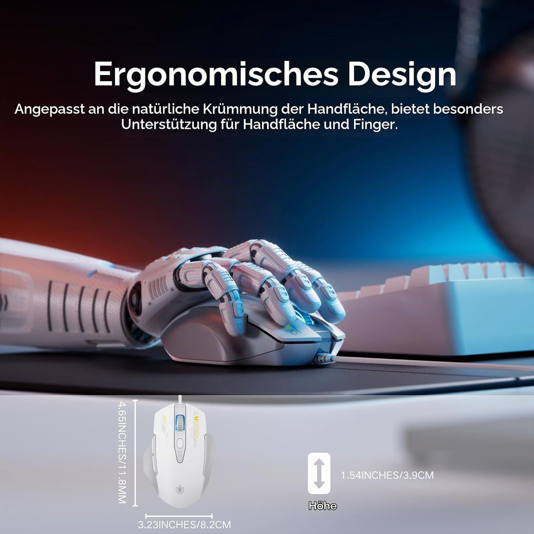 Uineer Maus Mit Kabel, ergonomisches Design, bis zu 7200 DPI einstellbar mit 6 Tasten, Computer Maus