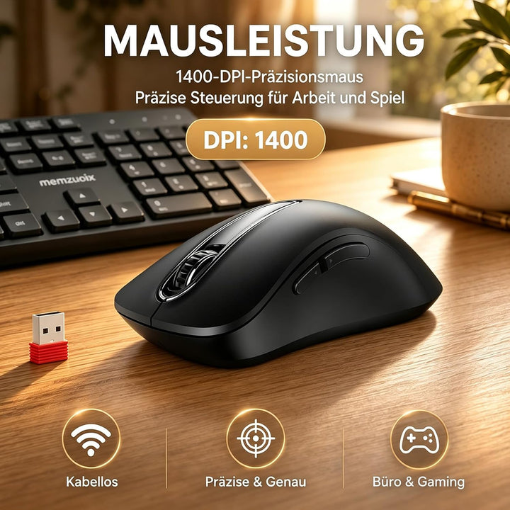QWERTZ Kabelloses Tastatur Maus Set, Full Size 105-Tasten Tastatur mit Nummernblock, 2.4GHz Funk mit