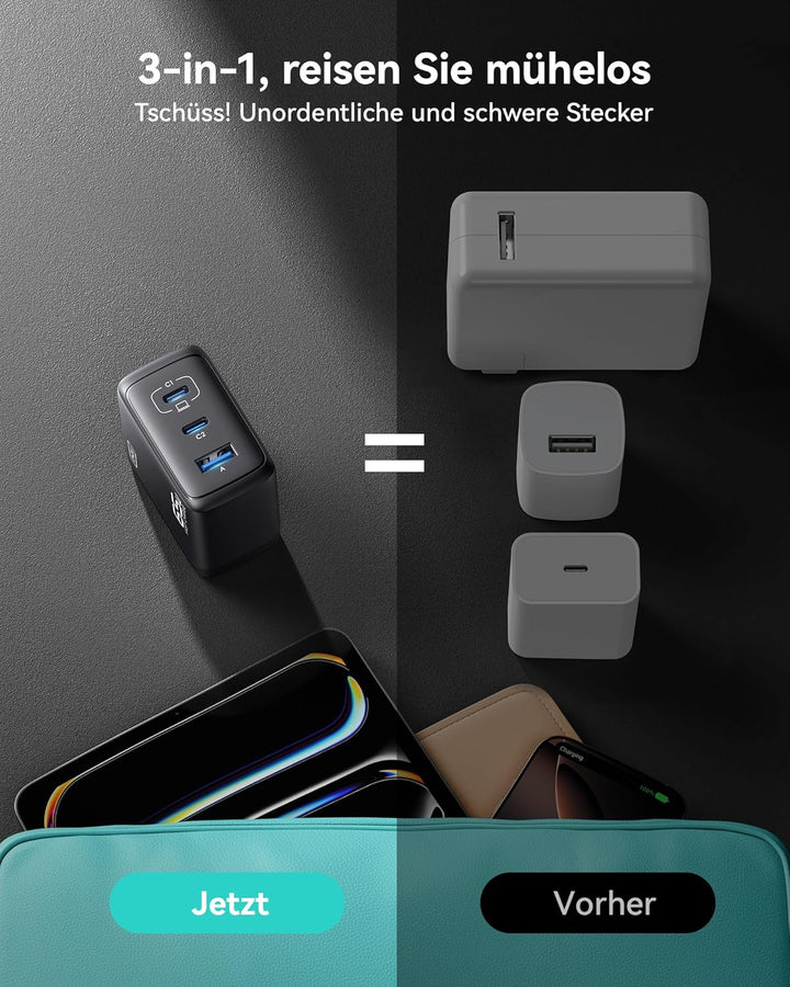 INIU 65W USB C Ladegerät, [USB-C * 2 + USB-A] Netzteil Mehrfach mit USB-C Kabel, PD 3.0 Schnellladeg