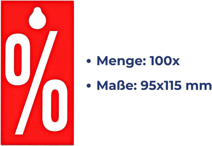 POKORNYS – 100 rote Aktionsetiketten (95 x 115 mm) "%" mit Loch I Kleiderbügelhänger I Sale Etikette