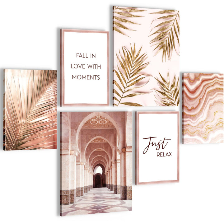 Novart Bilder Set - AUFHÄNGFERTIG - KEIN EXTRA RAHMEN BENÖTIGT - Oriental Marokko Palme Modern Rosa