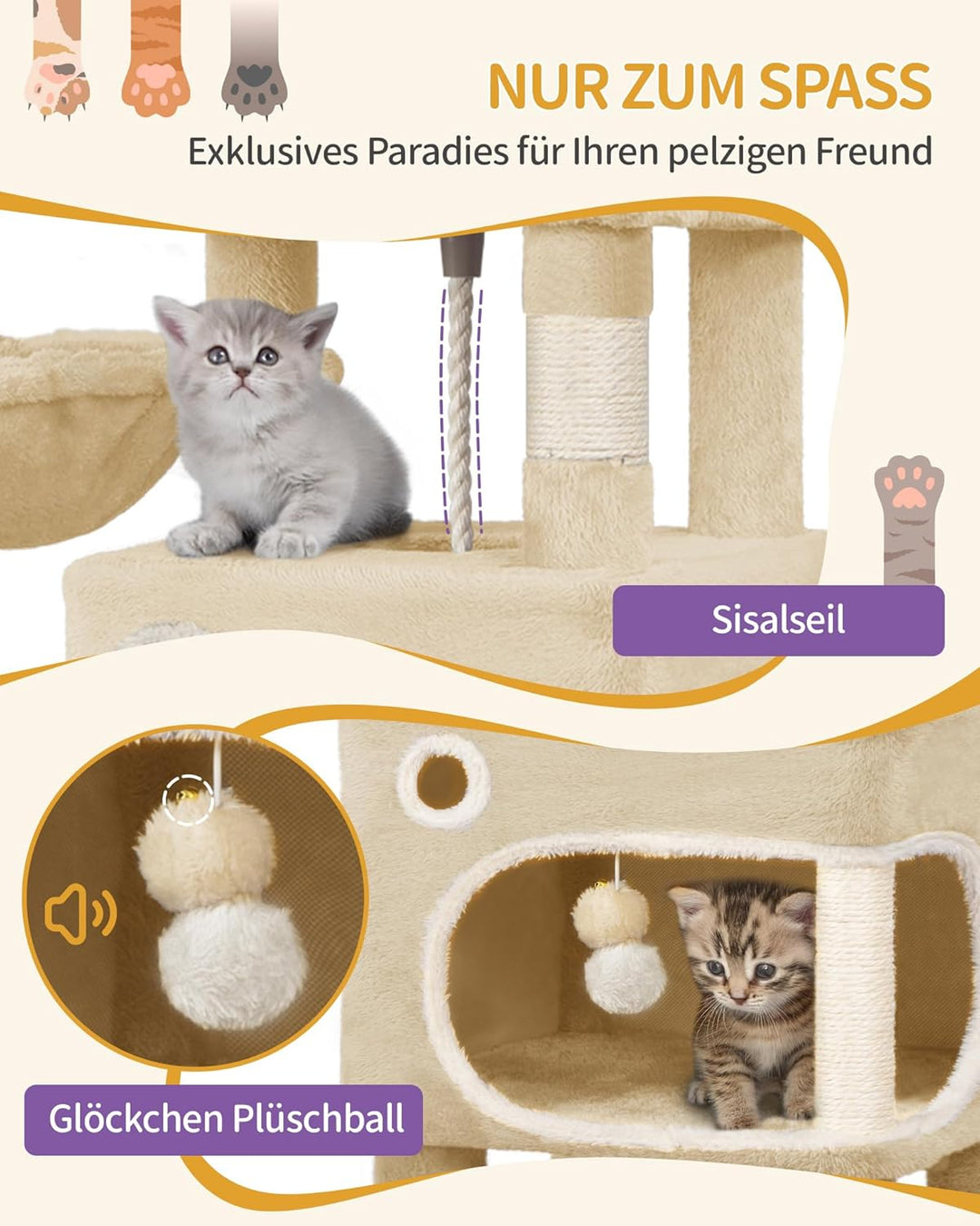 Hzuaneri Kratzbaum, 180 cm Katzenbaum mit 8 Kratzsäulen, 3 Plattformen, 2 Höhlen, Korb, Plüschbälle,