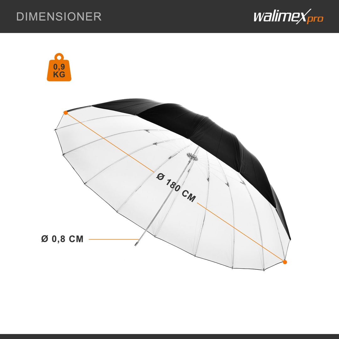 Walimex Pro Reflexschirm Schwarz/Weiss 180cm für Produktfotografie - Weiche, neutrale Lichtführung,